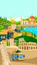 Italian towns bus tours poster, tourism on vacation vector illustration of italians city famous symbols and landmarks