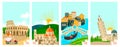 Italian towns travel banners set, tourism on vacation vector illustration of italians city famous symbols and landmarks