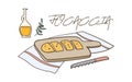 Italian traditional bread Focaccia and olive oil doodle vector illustration. Banner, poster, website landing page concept Royalty Free Stock Photo
