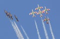 Planes jet of Italian tricolor arrows in acrobatic team during air show Royalty Free Stock Photo