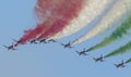 Planes jet of Italian tricolor arrows in acrobatic team during air show