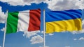 Italian and Ukrainian flags over blue sky. Concept of diplomacy, agreement, international relations, trading, business