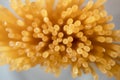 Italian uncooked spaghetti, top view. Texture of pasta with selective focus viewed from above, closeup. Food background Royalty Free Stock Photo