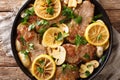 Italian veal scaloppini with mushrooms and lemons in a sauce close-up in a frying pan. horizontal top view