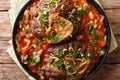 Italian veal steak Ossobuco alla Milanese with gremolata and spicy sauce closeup. horizontal top view