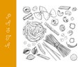 Italian vector Pasta set. Different types of pasta. Hand drawn illustration. Isolated objects on white. Sketch