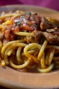 Italian vegetarian dish macaroni with golden chanterelles mushrooms and tomatoes