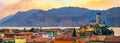 Italian village skyline of Malcesine peaceful panoramic town on Garda Lake waterfront romantic horizontal panorama and