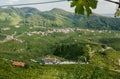Italian villages in wine valley Valdobbiadene, with green grapes for Prosecco wine. Landscape with green terraces, Italy Royalty Free Stock Photo