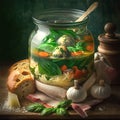 Italian wedding soup in glass jar on wooden table. Generative Al content