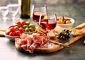 Italian wine snacks set with various delicatessen.Macro.AI Generative