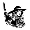 Beautiful woman wearing hat with venetian gondola boat black vector portrait
