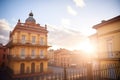 italianate buildings belvedere backlit by the golden hours sun rays