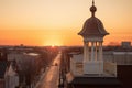 italianate cupola in an urban cityscape during sunrise