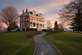 italianate house with belvedere and winding path leading to it