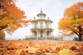 italianate house featuring a belvedere amid a backdrop of autumn leaves Royalty Free Stock Photo