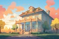 italianate mansion with deep eaves at sunset, magazine style illustration