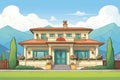 italianate style building with deep eaves against a mountain background, magazine style illustration