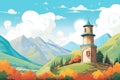 italianate tower and cupola against a mountain range backdrop, magazine style illustration