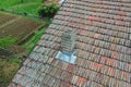 Italiy tile roof chimney detail drone view