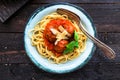 Itallian spaghetti and meatballs and parmegano for dinner, comfort food, close view Royalty Free Stock Photo