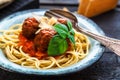Itallian spaghetti and meatballs and parmegano for dinner, comfort food, close view Royalty Free Stock Photo