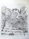 Italy, Abruzzo, Castel di Sangro, stone stairs going up to the ancient village