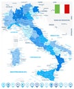 Italy Administrative Divisions Map Blue Colors and Blue Map Icons