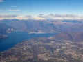 Italy - Aerial panoramic view of the Lake Lago di Como and Lago Maggiore seen from a commercial flight Royalty Free Stock Photo