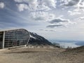 27.04.19 Italy Garda alps scenic mountain landscape shot on Monte Baldo lake Garda. Blue sky and sunny funicular station