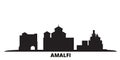 Italy, Amalfi city skyline isolated vector illustration. Italy, Amalfi travel black cityscape