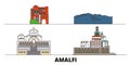 Italy, Amalfi flat landmarks vector illustration. Italy, Amalfi line city with famous travel sights, skyline, design.