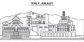 Italy, Amalfi line skyline vector illustration. Italy, Amalfi linear cityscape with famous landmarks, city sights