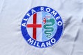 Detail of the blanket in fabric with logo of the Alfa Romeo Spider Duetto vintage car