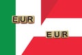 Italy and Austria currencies codes on national flags background