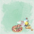 Italy Background for your text with the image of the Tower of Pisa, pizza, cheese and olives.