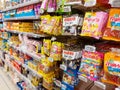 Italy: Bags of sweets Candies (Haribo and Fruittella) on a shelf in a supermarket