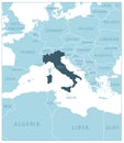 Italy - blue map with neighboring countries and names