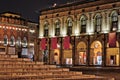 Italy Bologna Piazza Maggiore at night. Antique architecture.