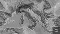 Italy border shape overlay. Bevelled. Grayscale. Labels