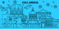 Italy, Brescia winter holidays skyline. Merry Christmas, Happy New Year decorated banner with Santa Claus.Italy, Brescia