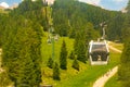 Italy 19.06.2019: cabin of Cable car lift Col raiser arrive to top of the mountain with place of rest, restaurant and