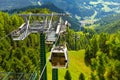 Italy 19.06.2019: cabin of Cable car lift Col raiser arrive to top of the mountain with place of rest, restaurant and