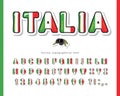 Italy cartoon font. Italian national flag colors. Paper cutout glossy ABC letters and numbers. Bright alphabet for