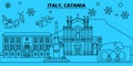 Italy, Catania winter holidays skyline. Merry Christmas, Happy New Year decorated banner with Santa Claus.Italy, Catania