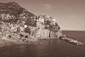 Italy. Cinque Terre. Manarola village. In Sepia toned. Retro sty Royalty Free Stock Photo