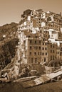 Italy. Cinque Terre. Riomaggiore village. In Sepia toned. Retro Royalty Free Stock Photo