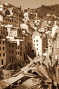 Italy. Cinque Terre. Riomaggiore village. In Sepia toned. Retro Royalty Free Stock Photo