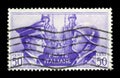 ITALY - CIRCA 1941: Italian historical stamp: German-Italian brotherhood in arms, Portraits of Hitler and Mussolini with two sold