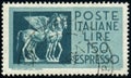 ITALY - CIRCA 1966: stamp 150 Italian lira printed in Italy, depicts Etruscan Winged Horses, a flying horse from Tarquinia,